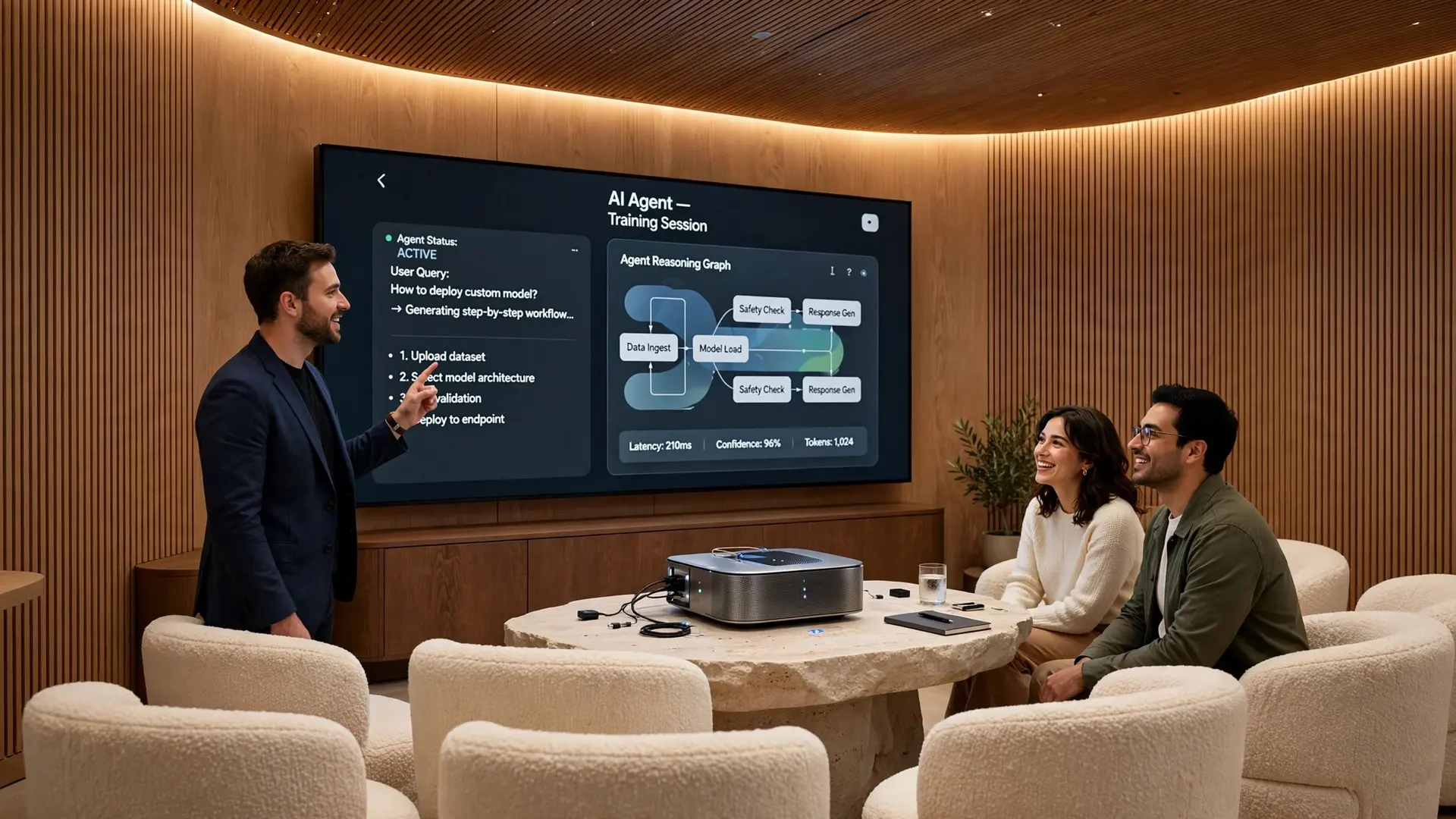The training alcove: a specialist shows two guests how an agent reasons, on a screen beside a small personal supercomputer.