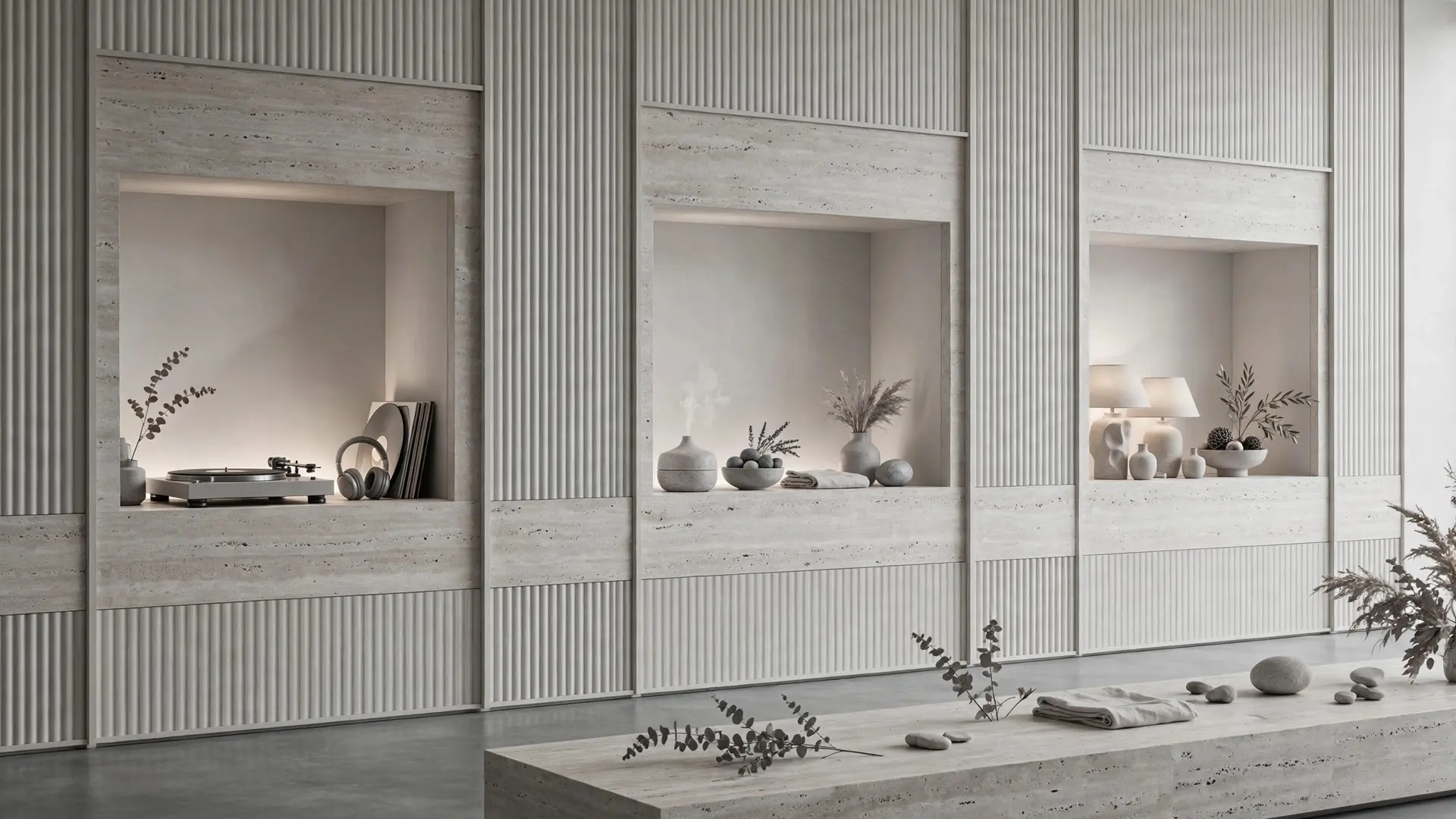The Avenue: recessed, softly lit display bays in a pale stone wall, each holding a single object.