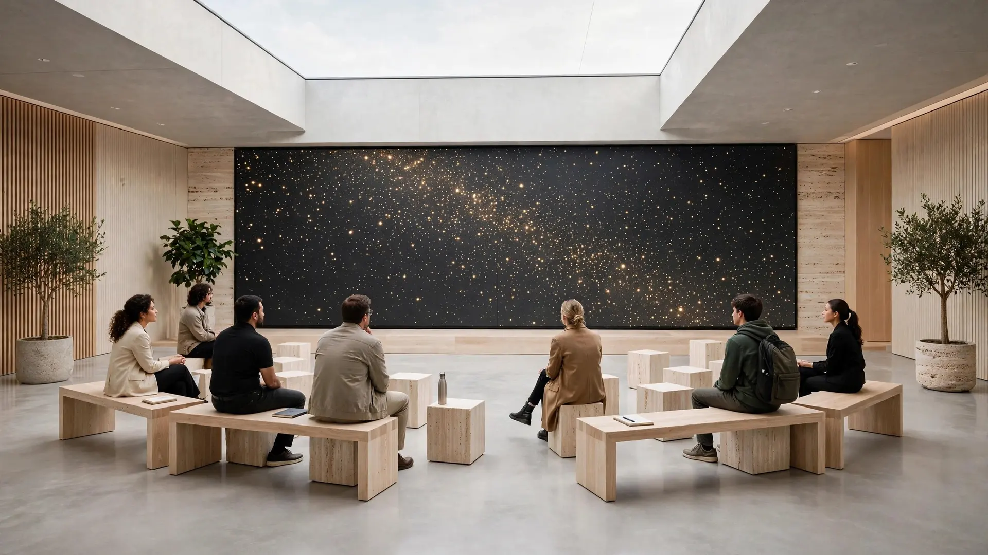 The Forum at rest: the great wall of champagne-gold points of light in deep darkness above loose oak benches.