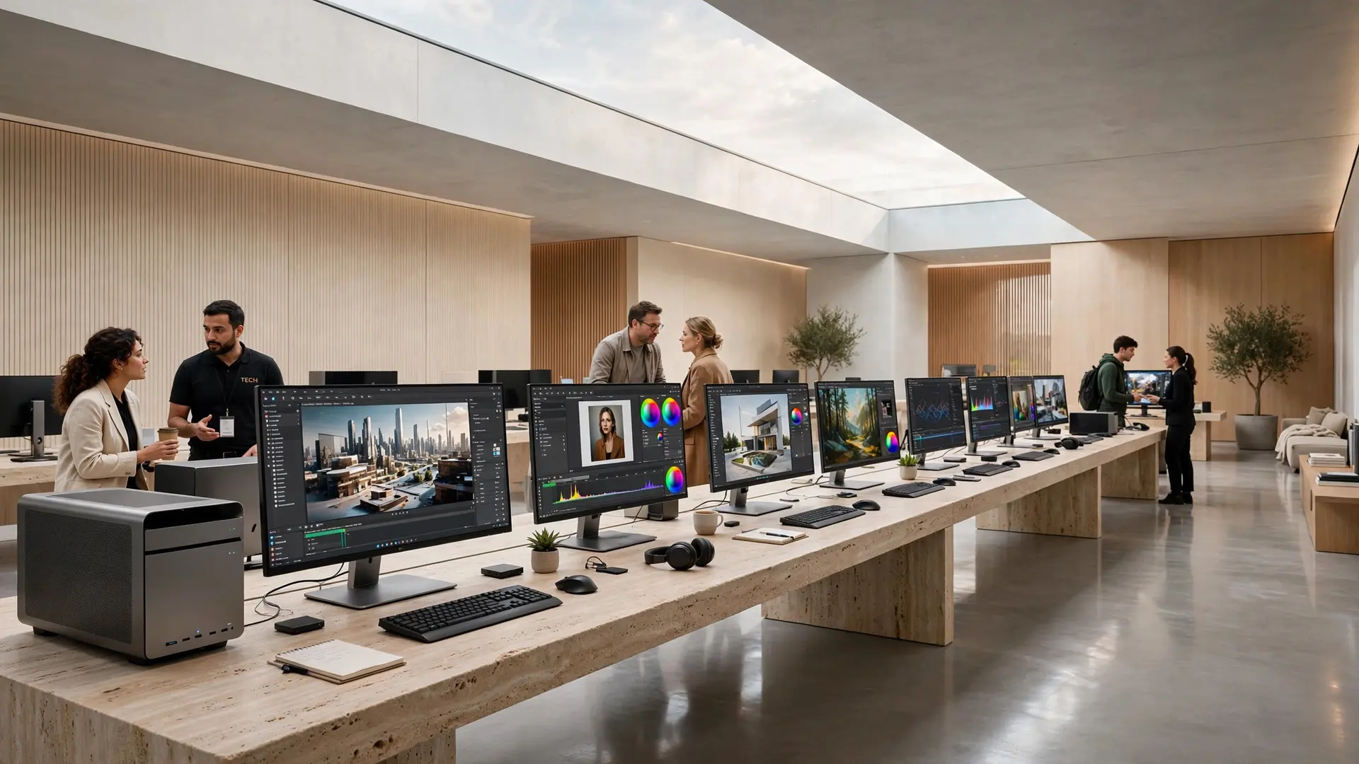 The Product Hall: travertine and oak tables of live personal supercomputers under a long skylight, specialists with guests.