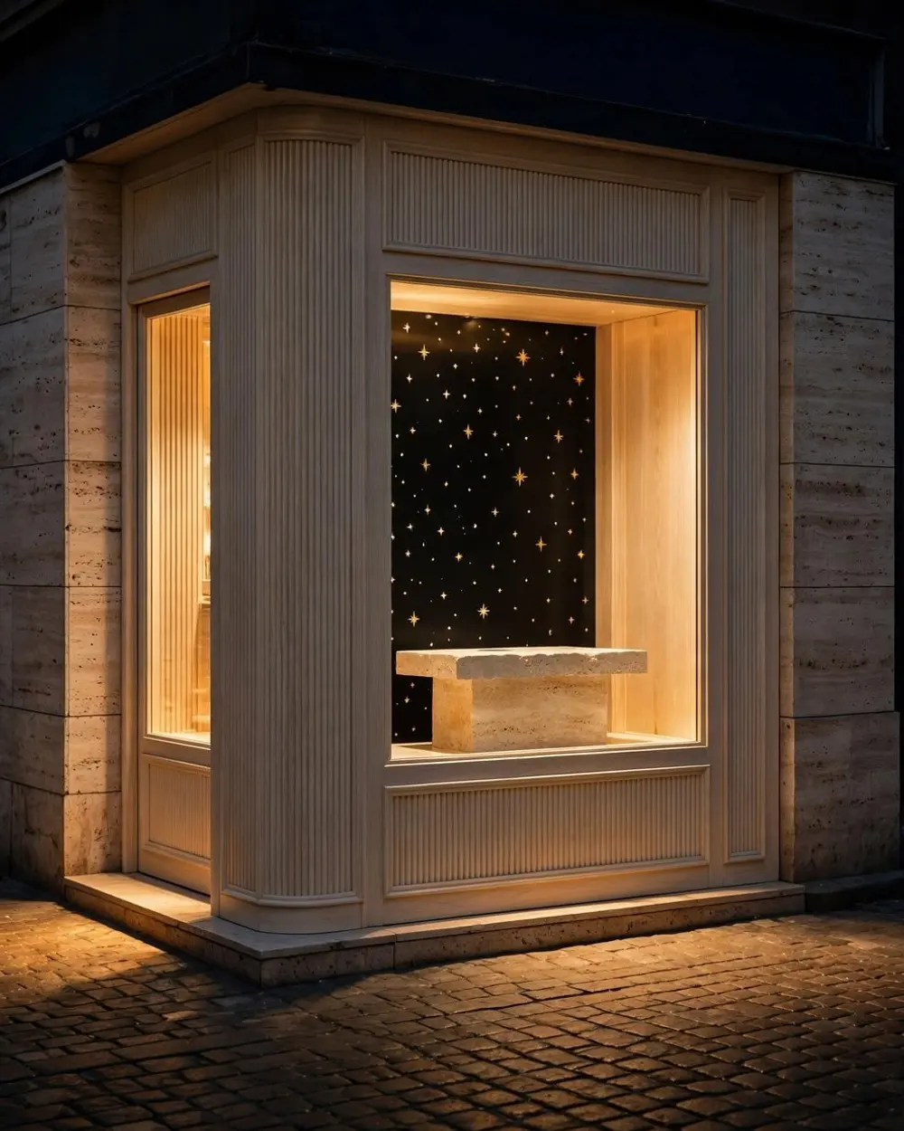 The micro-shop at night: one warm window on a quiet street, a stone table and the star field inside.