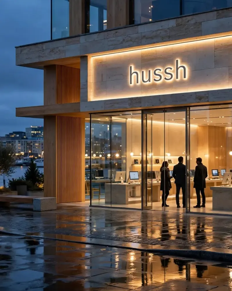 The flagship at dusk: limestone, oak and full-height glass, the hussh wordmark lit above the door.