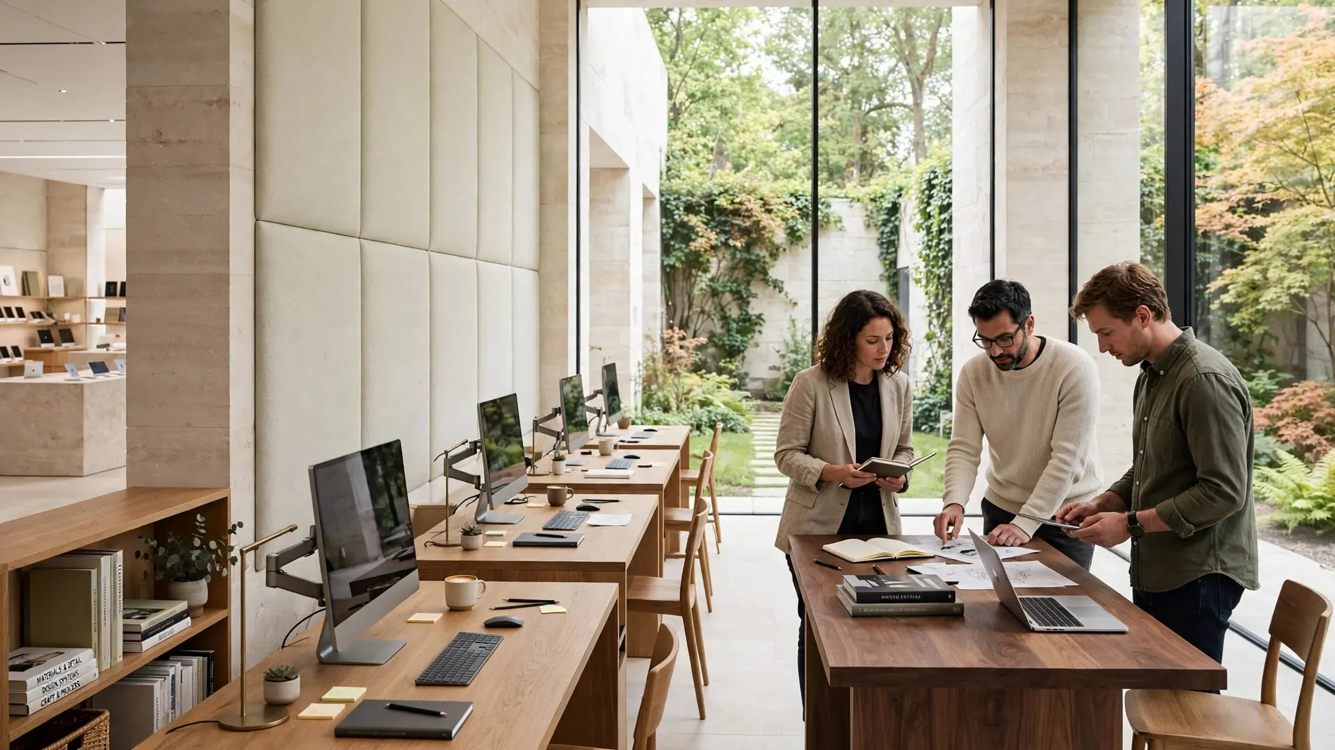 The team at work beside a garden window, a guest and two specialists over an open notebook.