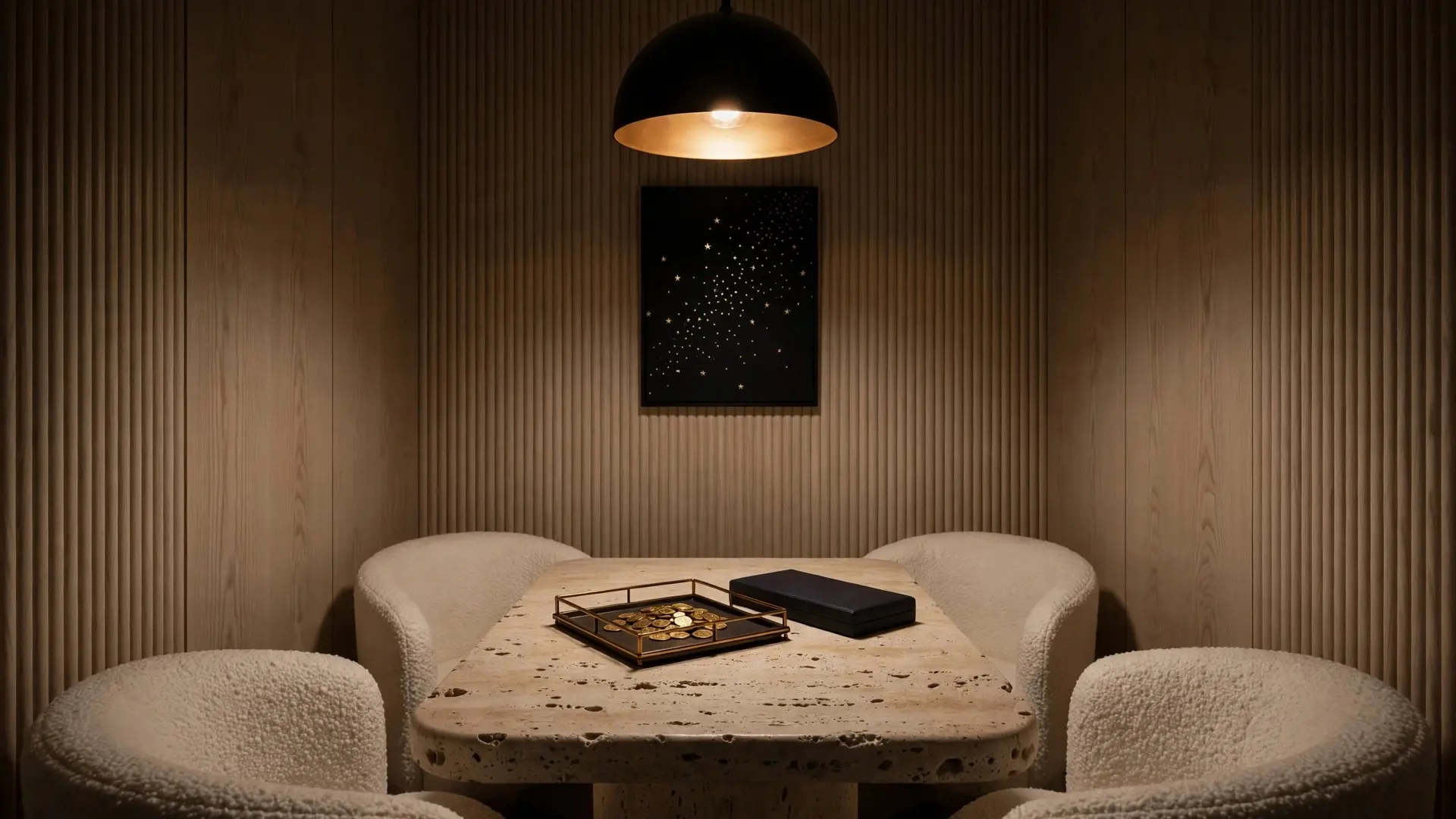 The Vault at its darkest: one travertine table, bouclé chairs, a single black pendant, a small constellation on the wall and a tray of coins.
